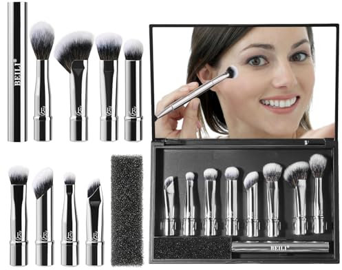 BEILI Pinceaux Maquillages Lot De 8 Pinceaux De Maquillage Portables à Double Extrémité Pour Fard à Paupières, Estompeur, Pinceaux à Lèvres Avec Boîte Miroir (Argent)