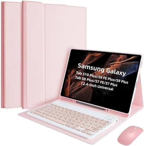 Cover Per Samsung Galaxy Tab S10+ Plus / S9+ Plus / S9 FE+ Plus / S8+ Plus / S7 FE / S7+ Plus 12.4 Pollici con Tastiera Essere Caricata Keyboard Bluetooth Mouse Coperchio Protettivo Case Rosa