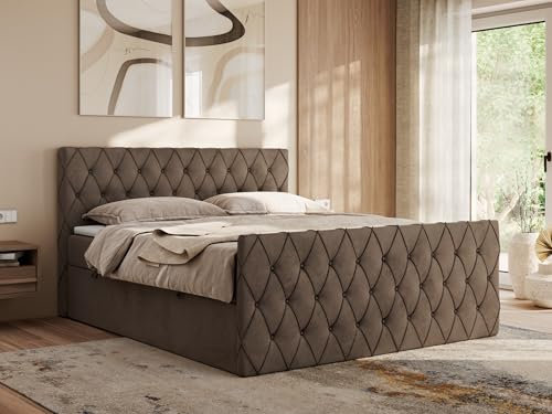 MKS MEBLE Boxspringbett 120x200 cm Miren Duo – Bett mit Bettkasten & Kopfteil, Ziernähte/Steppung – 2× 7-Zonen Taschenfederkern Matratze H4 mit Topper T25 – Braun Velvet