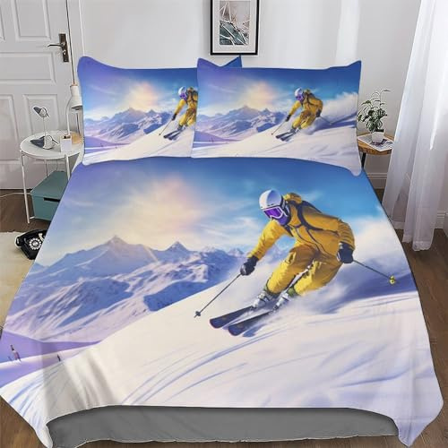 GGJJTT Skifahren auf Schneebergen Bettwäsche 2teilig Bettbezüge Bettgarnitur Microfaser Für Jungen Mädchen Bettbezug Mit Kopfkissenbezug Single135x200cm