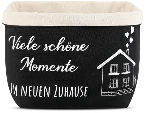 Xuniea Brotkorb Viele schöne Momente IM NEUEN ZUHAUSE Geschenk zum Umzug oder Auszug Brötchenkorb Einzugsgeschenk Brottasche Geschenkidee zum Einzug Brotkorb aus Stoff (Schwarz)