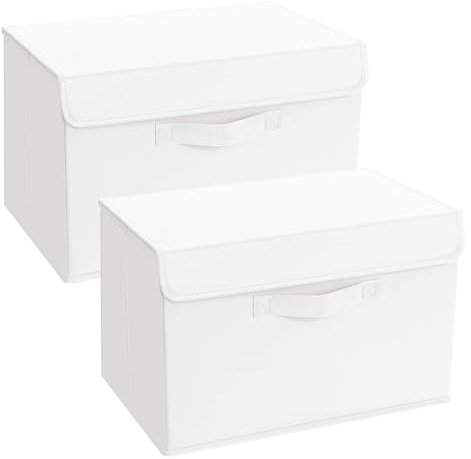 Homsorout Foldable Storage Boxes with Lids - Wardrobe Organiser Bin with Handle Fabric Basket Containers for Clothes, Book, Shelf, Office - 2 Pack White