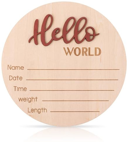 lasuroa Cartel Anuncio Bebé, 15cm Madera Hello World Letrero Bienvenida para Recién Nacidos Anuncio Nacimiento con Placa de Nombre para Hospital Habitación Infantil (Rojo Coral)