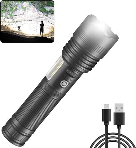 DXHGHYGL Torcia LED Professionale 100000 Lumen Super Luminosa –Potente con Batteria e Cavo USB, Torcia Tattica Portatile Potente, 7 Modalità con Sorgente luminosa XHP70 con di Lavoro COB