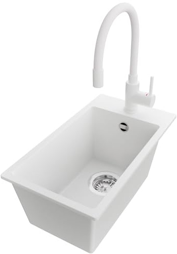PRIMAGRAN Granitspüle ab 30er Unterschrank + Küchenarmatur, 28x50cm | Set: Küchenarmatur BW6020 + Ablauf-Set (Siphon, Ablaufgarnitur, Überlauf) + Spülbecken 1 Becken - Riga, Weiß