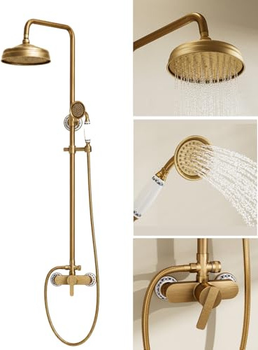 SHUGUANG Colonna Doccia con Miscelatore Retro, Sistema Doccia Ottone | Set Doccia Antico con 20 x 20cm Soffione Doccia Pioggia e Doccetta, Altezza Regolabile, Montatura a Parete