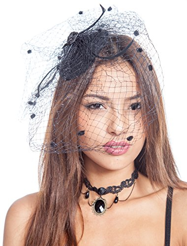 jowiha® Mini Hut mit Schleier für Damen Minihut Fascinator mit Satinrose und Federn (Schwarz)