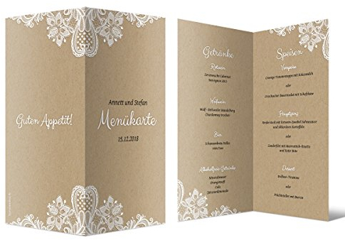 10 x Hochzeit Menükarten Menü Speisen Getränke - Rustikal Kraftpapier Look DIN Lang Klappkarte