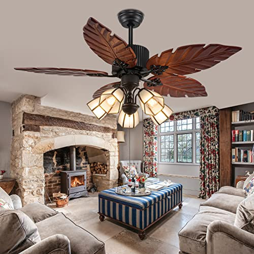 52'' Tropical Ceiling Fan with Remote Palm Wooden Leaf Ceiling Fan with 5 Glass Lampshade and Hand-Carved Reversible Blade.