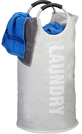Relaxdays faltbarer Wäschekorb, mit Henkel, leicht, tragbar, 100 l Volumen, runder Wäschesammler, HxØ: 70 x 38 cm, weiß
