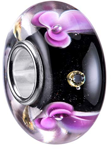 MATERIA by Matthias Wagner Glas Bead Blumen schwarz violett - Charms Glas Anhänger Blüten mit Zirkonia 1248
