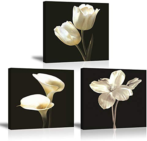 Piy Painting Impression sur Toile des Fleur de Tulipe Blanche Prêt Suspendu Tableau Calla Lily Fleurs élégantes Photo Peinture pour Art Déco Murale Salle de Bain Salon Cadeau Noel 3x30x30cm