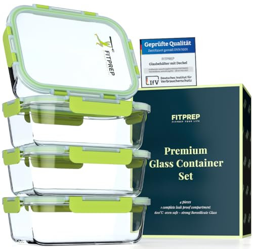 FITPREP® boite alimentaire verre – 4 boîtes avec couvercles clips – idéales pour batch cooking, frigo et congélation – récipient hermétique – verre de qualité