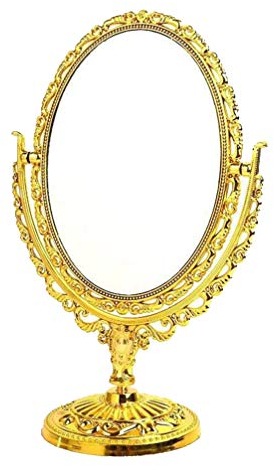 VOSAREA Schminkspiegel Tischplatte Doppelseitiger Kosmetischer Kosmetikspiegel Antiker Retro Europäischer Drehbarer Ovaler Spiegel für Badezimmer Schlafzimmer (Golden)
