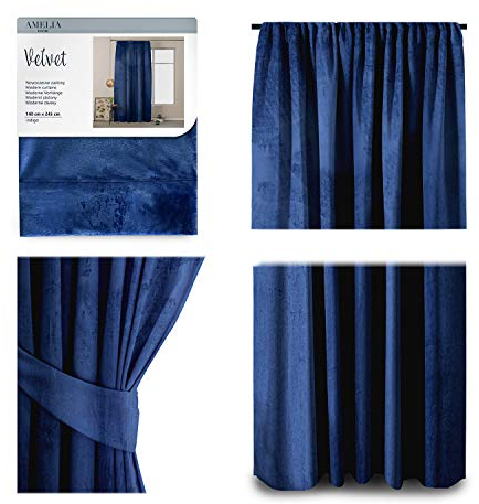 AmeliaHome Set Vorhang H 245 x B 140 cm mit Raffhalter 54 x 10 cm Velvet Optik Indigo 1 St. Kräuselband Wellenband Samt Halbverdunkelungsvorhang Fensterdekoration Dekoschal Dekorvorhang