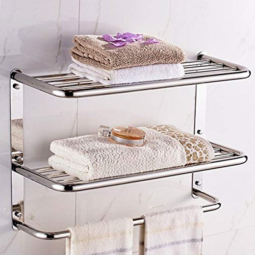 Étagère à 3 niveaux avec barre de serviettes, porte-serviettes mural en acier inoxydable, étagère de rangement pour salle de bain 45 x 55 x 21 cm