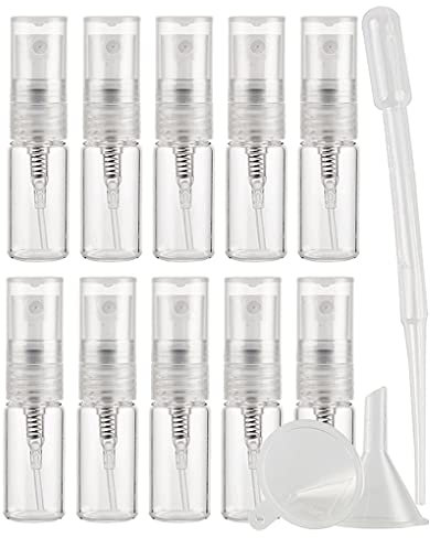 TIANZD Pack of 10 Empty 3ml Clear Transparent Glass Fine Mist Pump Spray Bottles Travel Mini Portable Spray Perfume Cosmetic Containers Sample Vials Refillable with Funnel and Dropper
