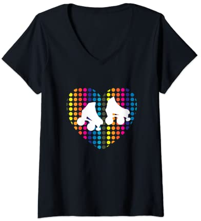 Damen Rollschuhlaufen Disco 70er 80er Jahre Rollschuh Outfit für Damen T-Shirt mit V-Ausschnitt