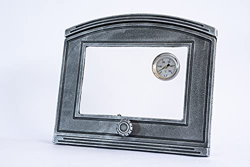 SEZAM Backofentür aus Gusseisen mit Thermometer 500 °C, hitzebeständige Glasscheibe, nach rechts öffnend, Pizzaofentür - Brotofen - Steinofentür, 37 x 6 x 31,5 cm - halbrund, altsilberfarbene Bemalung