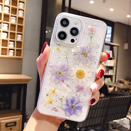 EYZUTAK Case for iPhone 13 Pro 6.1 inch, Bling Glitter Sequin Handmade Real Dried Flower Leaf Embedded Pressed Floral Flexible Soft Rubber Gel TPU Protective Bumper Back Cover - Light Blue