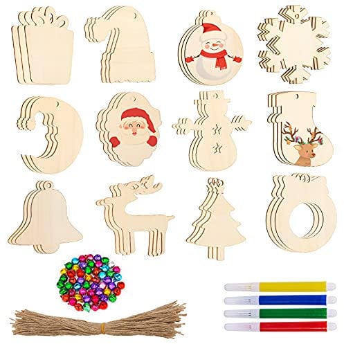AIEX 60pcs Christmas Wooden Hanging Ornaments Set, Unfinished Blank Paintable Wood Shapes Tags Slices Pendants with Holes Bulk for Christmas Party Decoration DIY Crafts (12 Styles)