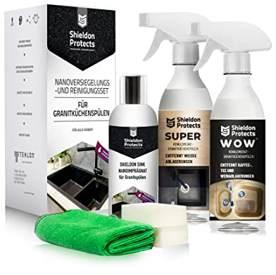 Shieldon Protects Sink Restorer Spüle Imprägnierung und Reinigung Set - Drei Reiniger für Küche Spüle + 2x Schwamm und Mikrofasertuch - Granit, Blanco, Silgranit Reiniger für Granitspüle