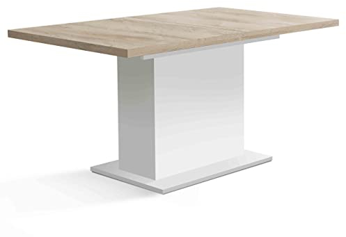 Newroom Esstisch Weiß Matt und Bianco Eiche Ausziehbar Modern - 160x76,4x90 cm (BxHxT) - Tisch Eszimmertisch Küchentisch - [Akil.Nine] Esszimmer Küche Wohnzimmer Wohnstube