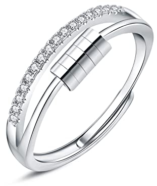 Hasnsofie Anxiety Ring Silber Damen, 925 Sterling Silber Angst Ringe, Offen Einstellbar Zirkonia Angst Spinning Ringe, Verstellbar Fidget Spinner Ring Anti Stress Ring Stimmungsring Dekompressionsring