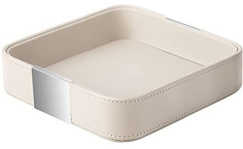 SANZIE Luxury Leather Desktop Storage, Small Catchall Organizer, Decorative Tray for Entryway Table to Hold Jewelry,Watch,Cosmetics,Keys,Phone,Wallet,Home & Office Accessories (Metal Silvered, Grey)