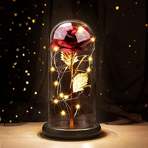 Joyhoop Sant Jordi Rosa Eterna Dia de la Madre Regalo Mujer, Rosa Bella y Bestia Rosas de Cristal con Base Pino Luces LED, Regalo Original para Mujer Mama Día de la Madre Cumpleaños San Valentin.