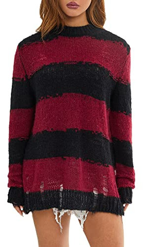 FeMereina Women's Loose Fitting Knit Sweatshirt Long Sleeve Wide Stripes Printing Ripped Crewneck Sweatshirts (Black & Red, One Size)