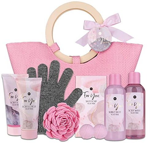 Accentra – Duschset Frauen Geschenkset PINK ROSE in Handtasche – 9-teiliges Pflegeset mit Schaumbad, Körperpeeling, Bodylotion & mehr – Wellness Geschenk Set zum Geburtstag, Valentinstag & Weihnachten