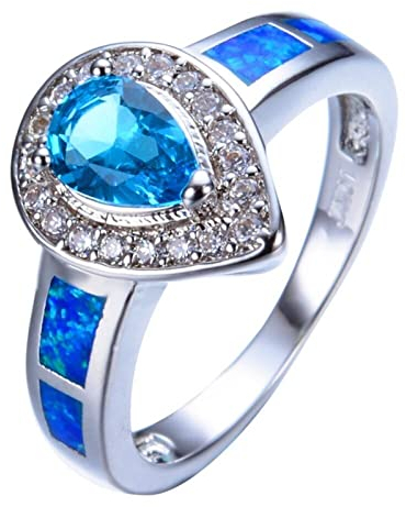 STOPI Tropfenform Zirkonia Versprechen Ring Frauen Blauer Feueropal Ring Weißgold Gefüllt Geburtsstein Schmuck Muttertagsgeschenk