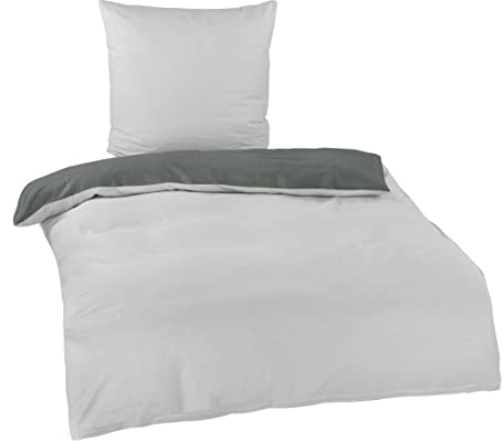 BaSaTex Feinbiber Winter Bettwäsche warme und kuschelige Bettgarnitur und Kissenbezug 155x220 + 80x80 cm | 100% Baumwolle | Uni Anthrazit Grau