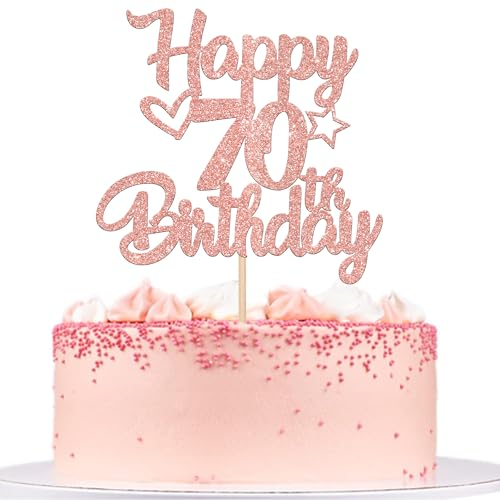 SYKYCTCY 1 Pack Happy 70th Birthday Cake Topper Glitter Heart Star 70 Fabulous Cake Pick Birthday Sign Cake Decorations for 70th Birthday Theme Party Supplies Rosegold