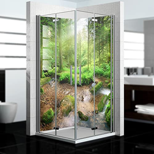 Dedeco - Panneau de douche d'angle imperméable motif : forêt V3, 2x 90x200 cm, remplacement de carrelage pour salle de bain, comme paroi décorative, revêtement mural en aluminium