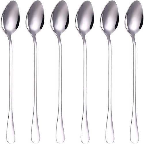 VUL Latte Spoons,Set of 6 Long Handle Spoons,19cm Stainless Steel Coffee Spoons, Ice Tea Spoons, Espresso Spoons, Dessert Spoons for Coffee Tea Dessert Sundae(Silver) (V6S-SILVER)