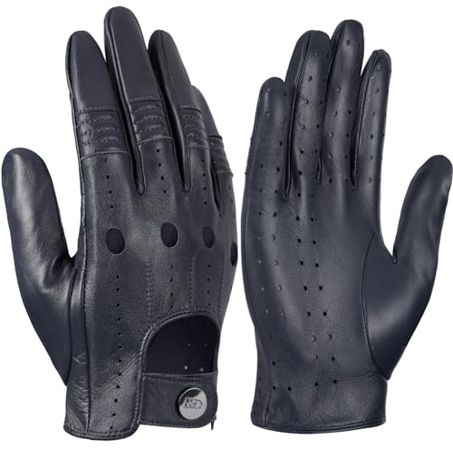 GSG Herren Fahrhandschuhe aus echtem Leder Ungefütterte Touchscreen-Handschuhe aus Schaffell Lederhandschuhe Navy blau Large