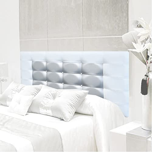 Cabecero de Cama Blanco Plata 70 cm.de Alto-Mod. FLORIDA con Forma de Marco y Botones-Cabecero Tapizado en Polipiel para Niños, Juvenil, Matrimonio-Cabezal de Colgar. (150x70, Blanco-Plata)