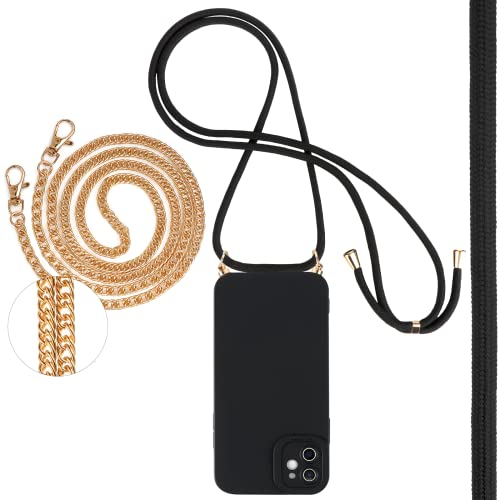 Pnakqil Coque avec Cordon pour Apple iPhone 12 Mini 5,4, Étui de Téléphone avec Lot de 2 Chaine Bijoux Dore Bandouliere Collier Corde, Noir Mat TPU Silicone Souple Antichoc Bumper Housse, Laniere 3