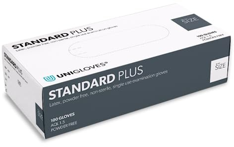 UNIGLOVES - Robuster STANDARD PLUS Latexhandschuh | Puderfrei | Extra griffig dank mirkrogeraute Handfläche | 100 Stück | Einmalhandschuh L