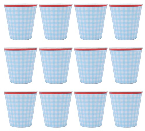 12 Pièces Tasse En Céramique Imitation, Otufan 8,6x9 Cm/3,4x3,5 Pouces Tasse En Mélamine à Carreaux Bleu Clair Tasse à Boisson En Porcelaine Imitation Adaptée Aux Cadeaux De Restaurant De Fête à la Ma