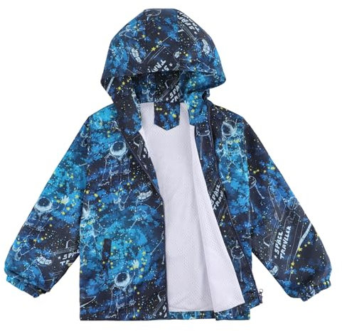 LACOFIA Veste Imperméable Enfant Garçon Veste Coupe Vent à Capuche Blouson de Pluie Léger Doublé de Maille pour Enfant Astronaute Bleu Marine 3-4 ans