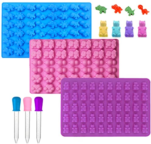 3-Pack Mini Dinosaur, Bear Shape,Panda and Panda Claws Candy Chocolate Non-Stick Silicone Mold and Ice Cube Tray, Silicone Candy Molds Use for Gummies,Gelatin,Jello. with 3 Dropper