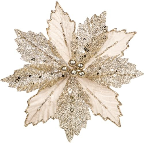 Arborus 8 PCS Poinsettia Christmas Decorations 8.3“ Glitter Christmas Poinsettia Artificial Flowers Stem Champagne Christmas Tree Decorations Artificial Christmas Flowers for Xmas Garland Wreath Decor