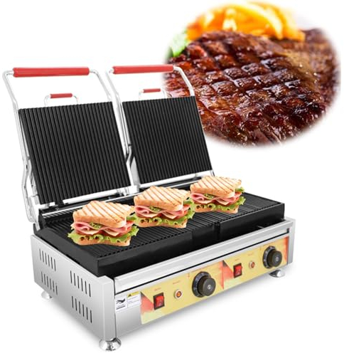 RUYICZB Panini Press Sandwichera, Parrilla Eléctrica 3800W con Placas Dobles Antiadherentes, Luces Indicadoras, Control De Temperatura Independiente, Tostadora De Pan De Acero Inoxidable
