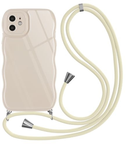 Xylota Coque avec Cordon pour iPhone 12 6,1, Réglable Laniere Collier Corde Etui Mignon Vague Cadre Forme Bouclée Case pour Filles Femmes, Souple Silicone TPU Housse Antichoc Bumper Cover, Beige