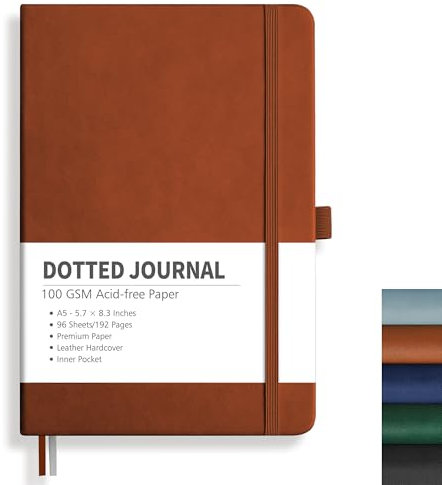 RETTACY Notizbuch A5 Gepunktetes- Bullet Dot Grid Journal mit 192 Seiten, 1 Rücktasche und hochwertigem Hardcover für Künstler Schreiben/Zeichnen, 14,5 x 21 cm - Braun