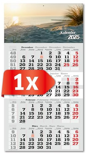 PRIMUS PRINT 4-Monats Einblockkalender 2025 - Wandkalender - Monatskalender mit Schieber - Blockkalender - inklusive Feiertagen - verschiedene Motive, verschiedene Sets - [ 1 x Strand ]