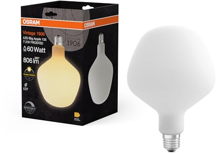 Osram Vintage 1906 Big Apple ist eine dimmbare LED-Lampe mit Filament in Apfelform. Sie bietet 7.3 W für 806 lm, E27 Fassung, Frosted Glas, 135 mm Durchmesser, Farbwiedergabe CRI 80, 2700 K, EEK E.